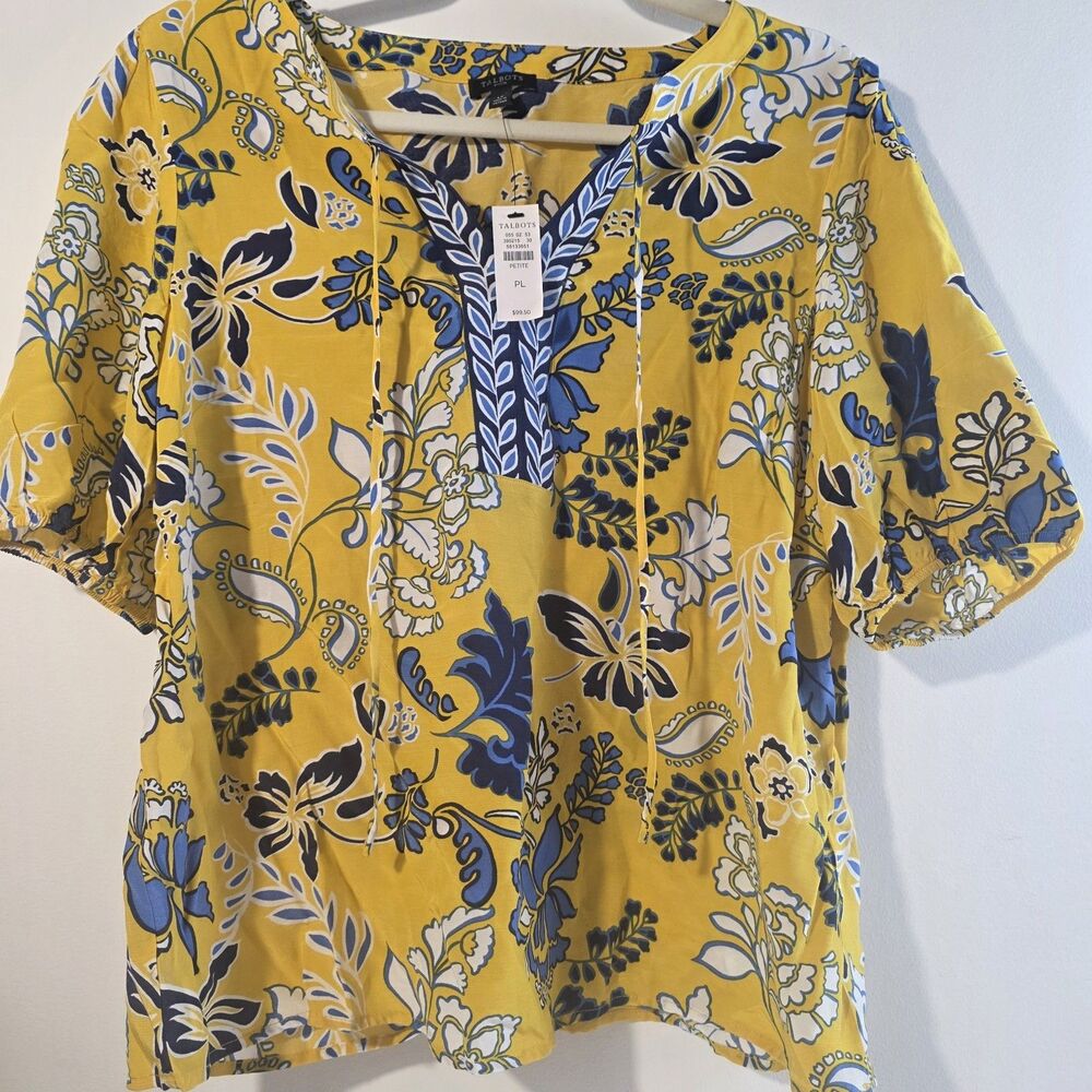 Talbots Petite PL Large NWT Yellow Blue Floral Tunic Blouse Top Boho Preppy